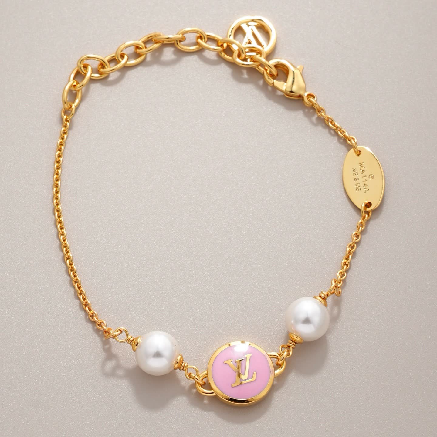 Louis Vuitton Pink Enamel Logo Bracelet with Pearls